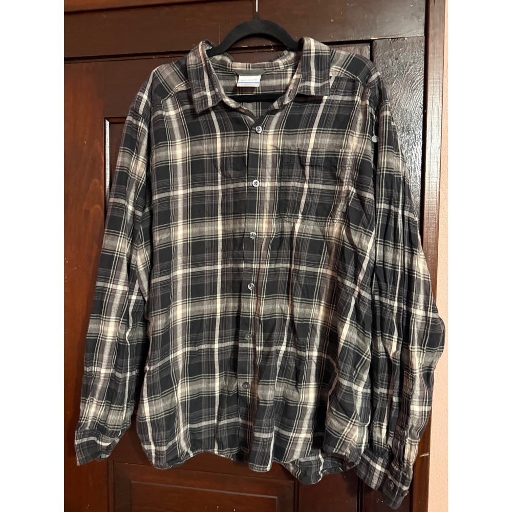 Columbia Mens XL Black Grey Plaid Long Sleeve Button Down Cotton Shirt RN 69724